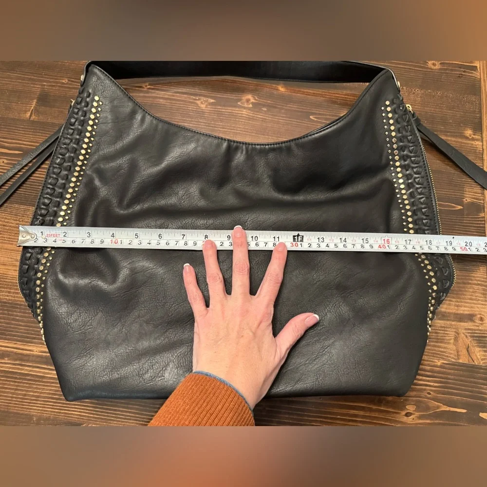 Moda‎ Luxe Large Black Studded Vegan Leather Hobo Bag with Whipstitch Trim